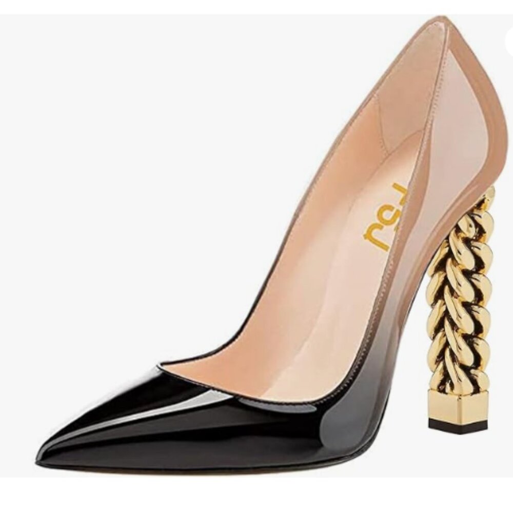 FSJ Black Nude Gold Metal Chain Chunky High Heel Pointed Toe Slip On Party Pumps